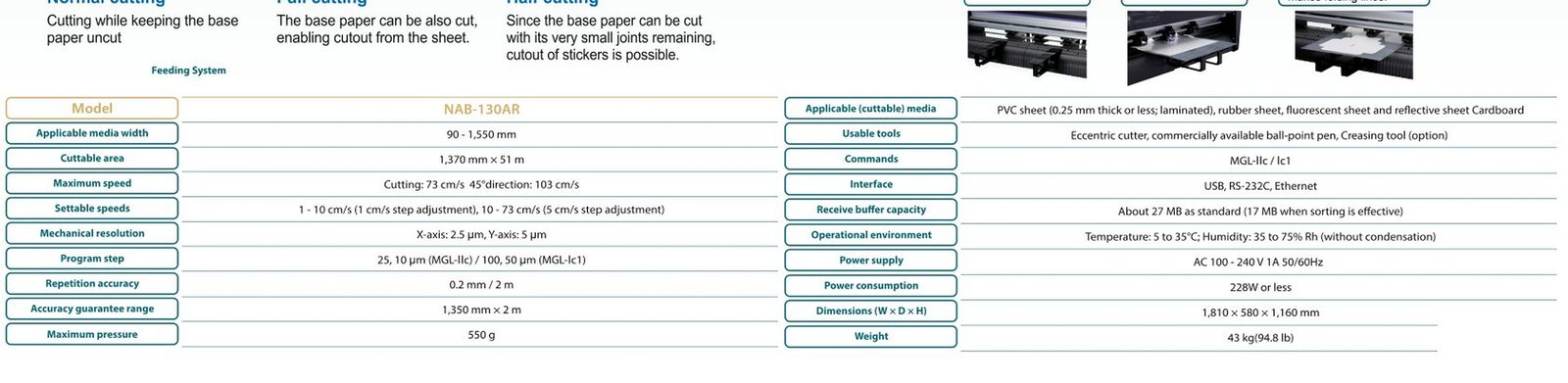 جدول المواصفات المصور Cutting Plotter Machine NAB-130AR