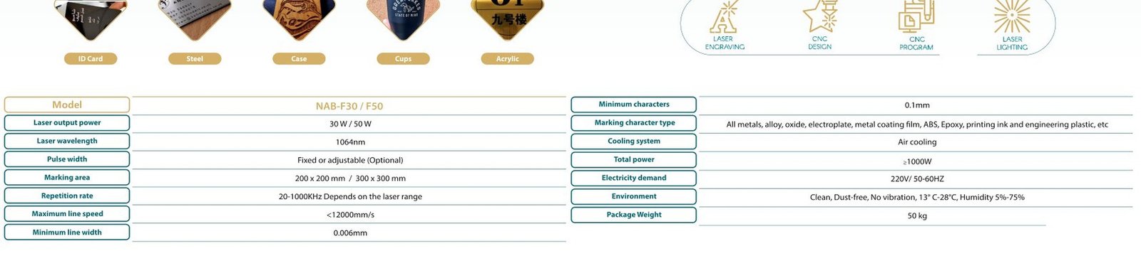 جدول المواصفات المصور Fiber Laser Marking NAB-F30/F50