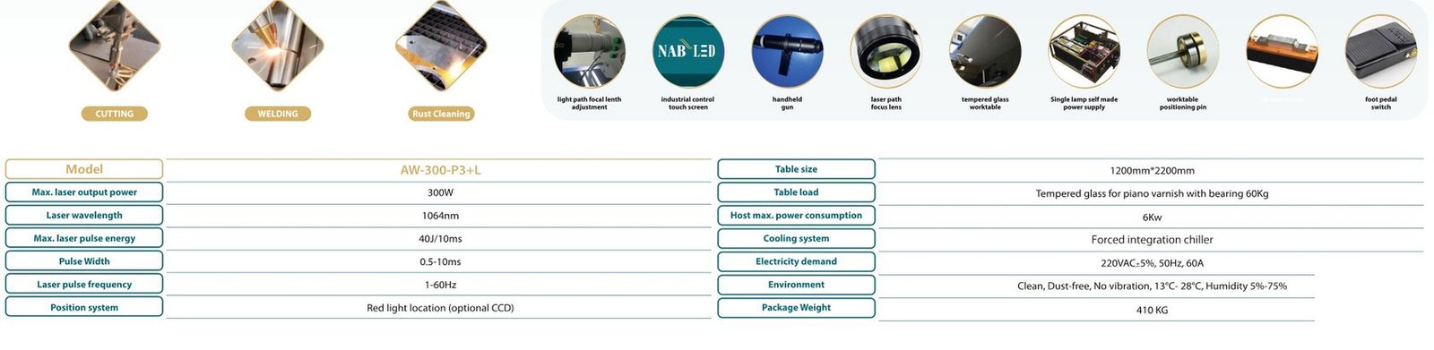 جدول المواصفات المصور Fiber Laser Welding NAB-300-P3+L