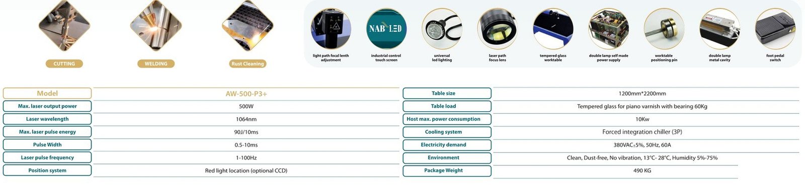 جدول المواصفات المصور Fiber Laser Welding NAB-500-P3+