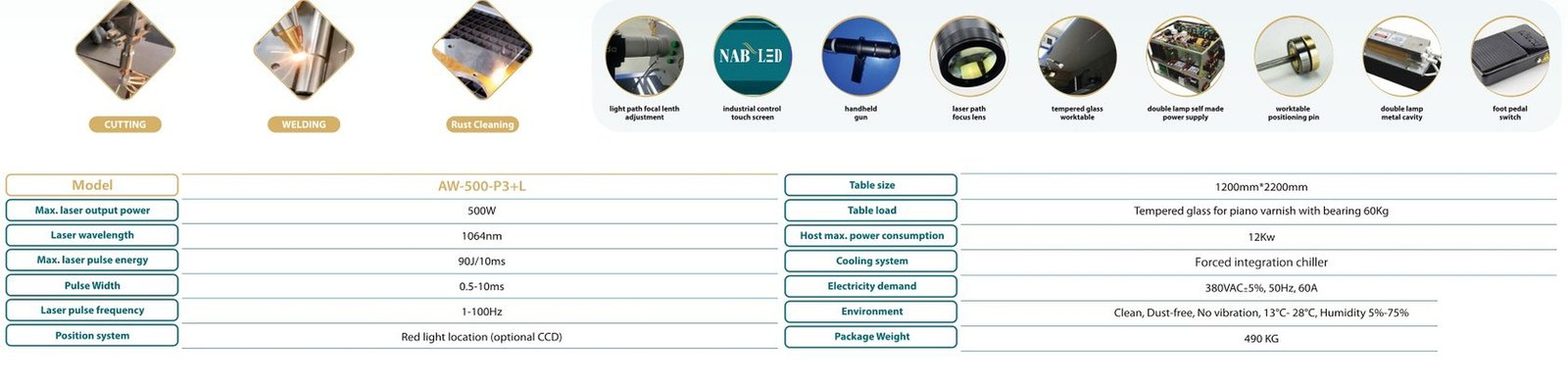 جدول المواصفات المصور Fiber Laser Welding NAB-500-P3+L