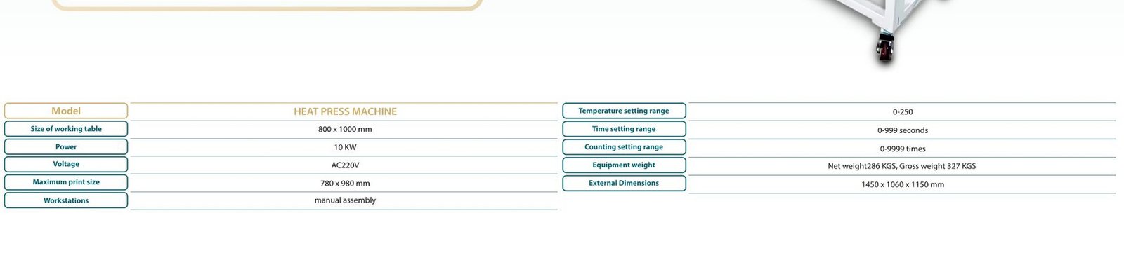 جدول المواصفات المصور Heat Press Machine 80x100 cm