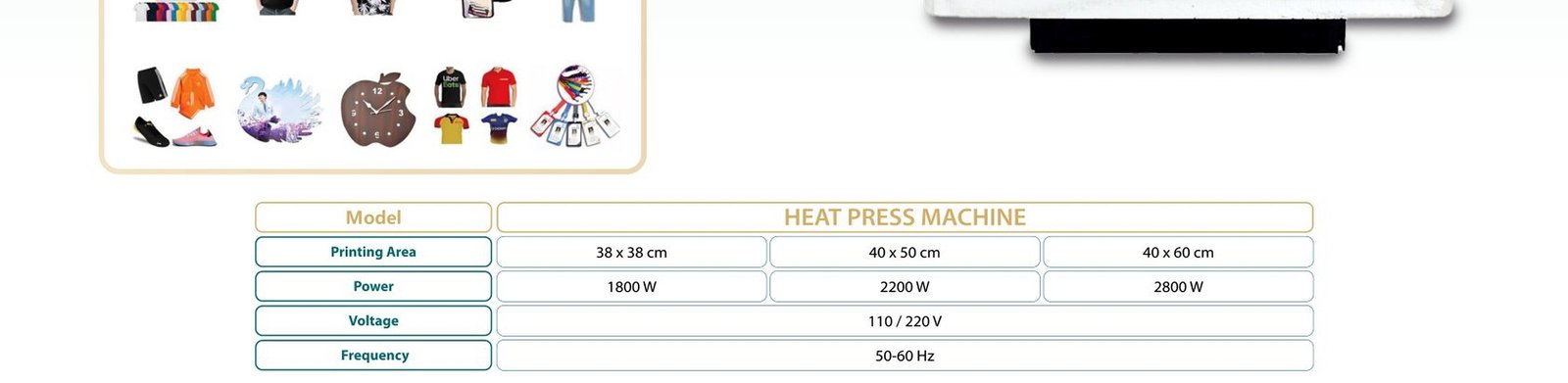 جدول المواصفات المصور Heat Press Machine Multi Size