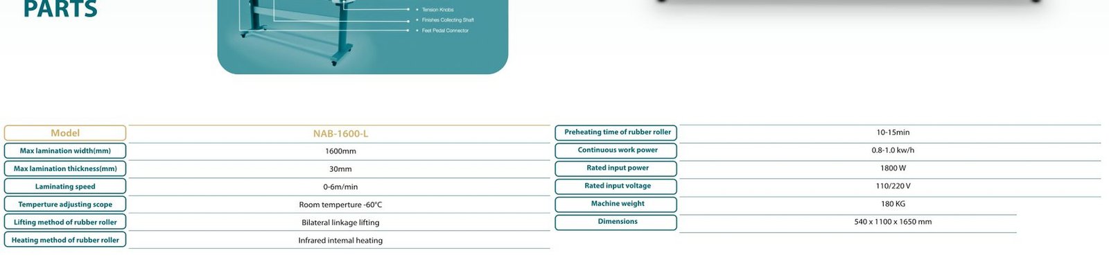 جدول المواصفات المصور Laminator Machine NAB-1600-L