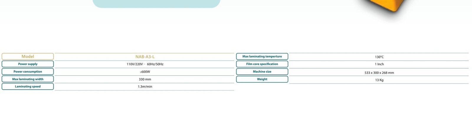 جدول المواصفات المصور Laminator Machine NAB-A3-L