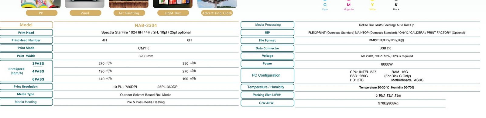 جدول المواصفات المصور Solvent Printer NAB-3304