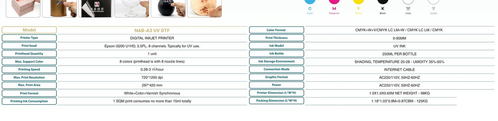 جدول المواصفات المصور UV DTF Printer NAB-A3 UV DTF
