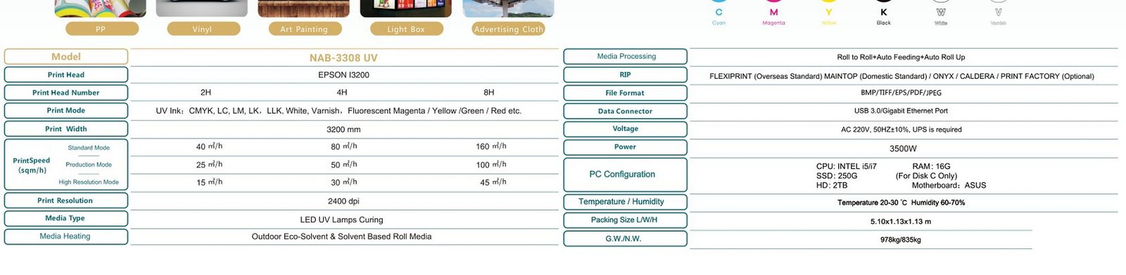 جدول المواصفات المصور UV Printer NAB-3308 UV